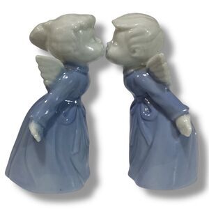 Vintage Blue & White Boy & Girl Ceramic Porcelain Kissing Angels Figurines